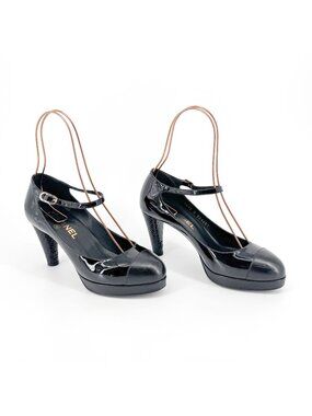Chanel Platform Pumps Size 38 US 7-7.5 Black Patent Cap Toe Mary Jane Mid Heel
